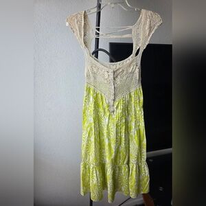 Free People White and Green Mini Dress Crochet Top Style
